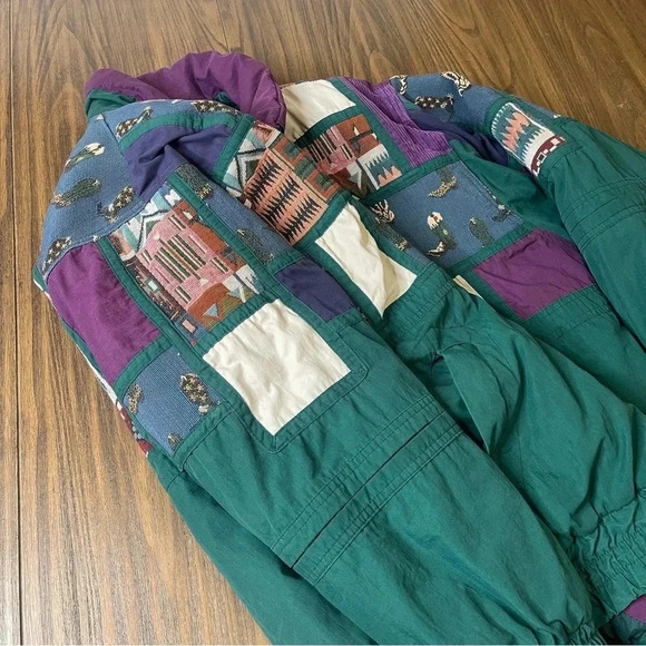 Izzi Vintage 80’s 90’s Western Cowboy Boots Patch Green Purple Jacket Size M - Picture 7 of 16